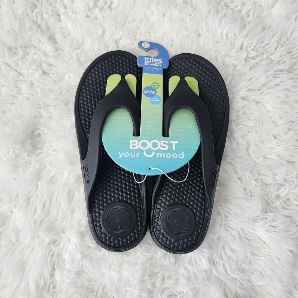 Totes Boost Your Mood. Bounce Toe Post Mens Sandals. Black. Size 12. New.